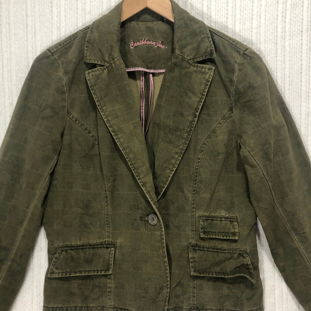 Caribbean Joe Womens Olive Green Floral Print Button Blazer Jacket Size Medium